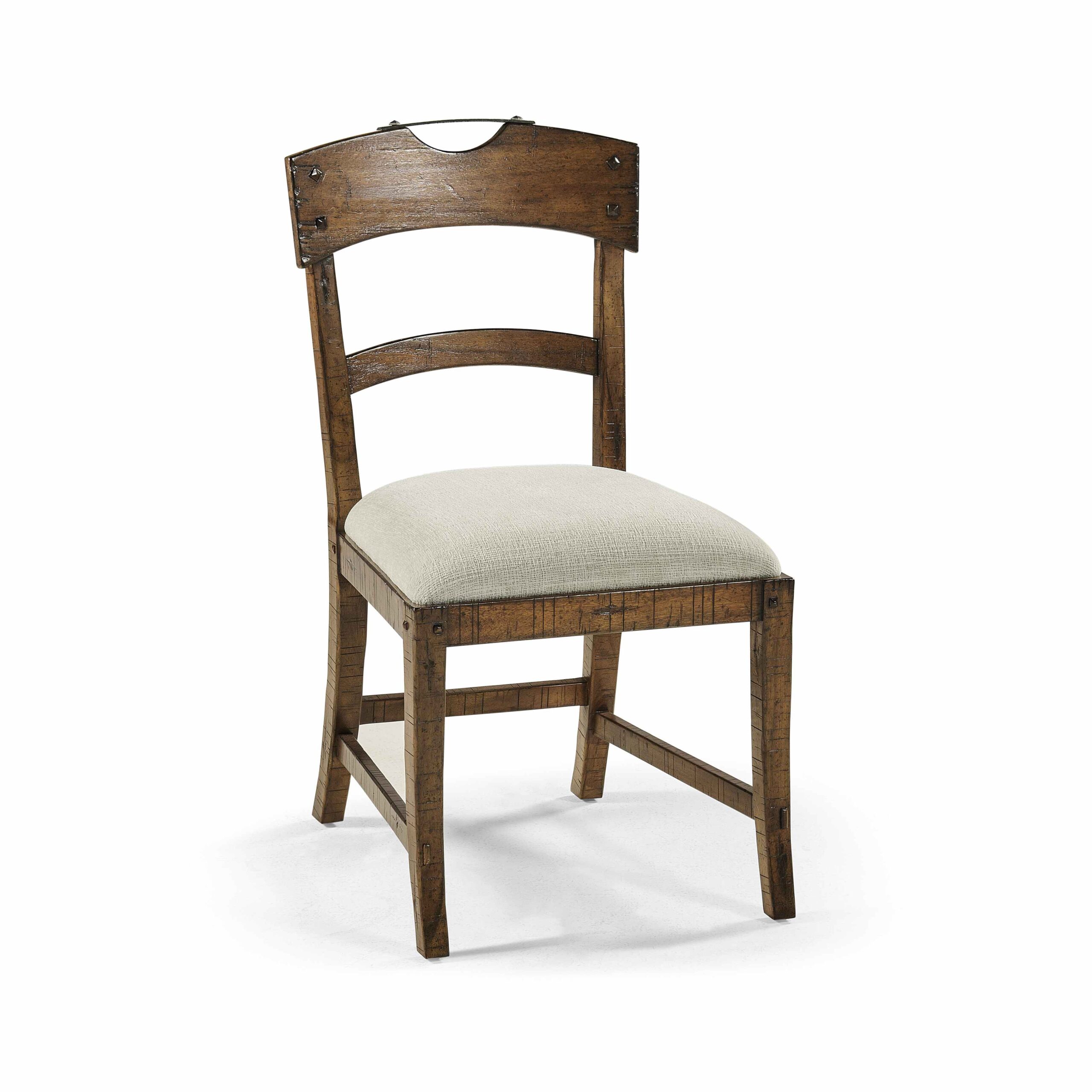 casual planked dining side chair Rustic wooden dining chair with light-colored upholstered seat.
