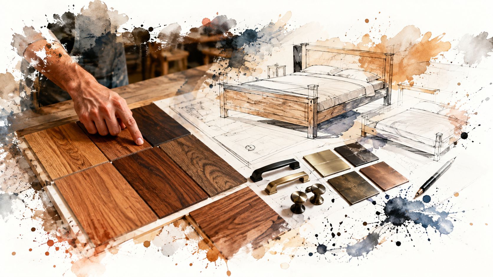 A craftsman selects wood samples for custom bedroom furniture next to detailed architectural sketches and hardware pieces.