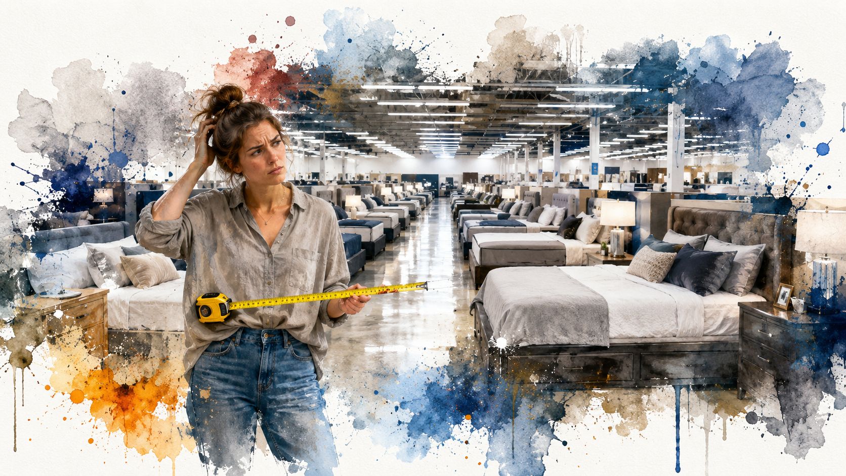 A confused woman holding a measuring tape standing in a large furniture showroom filled with bed displays.