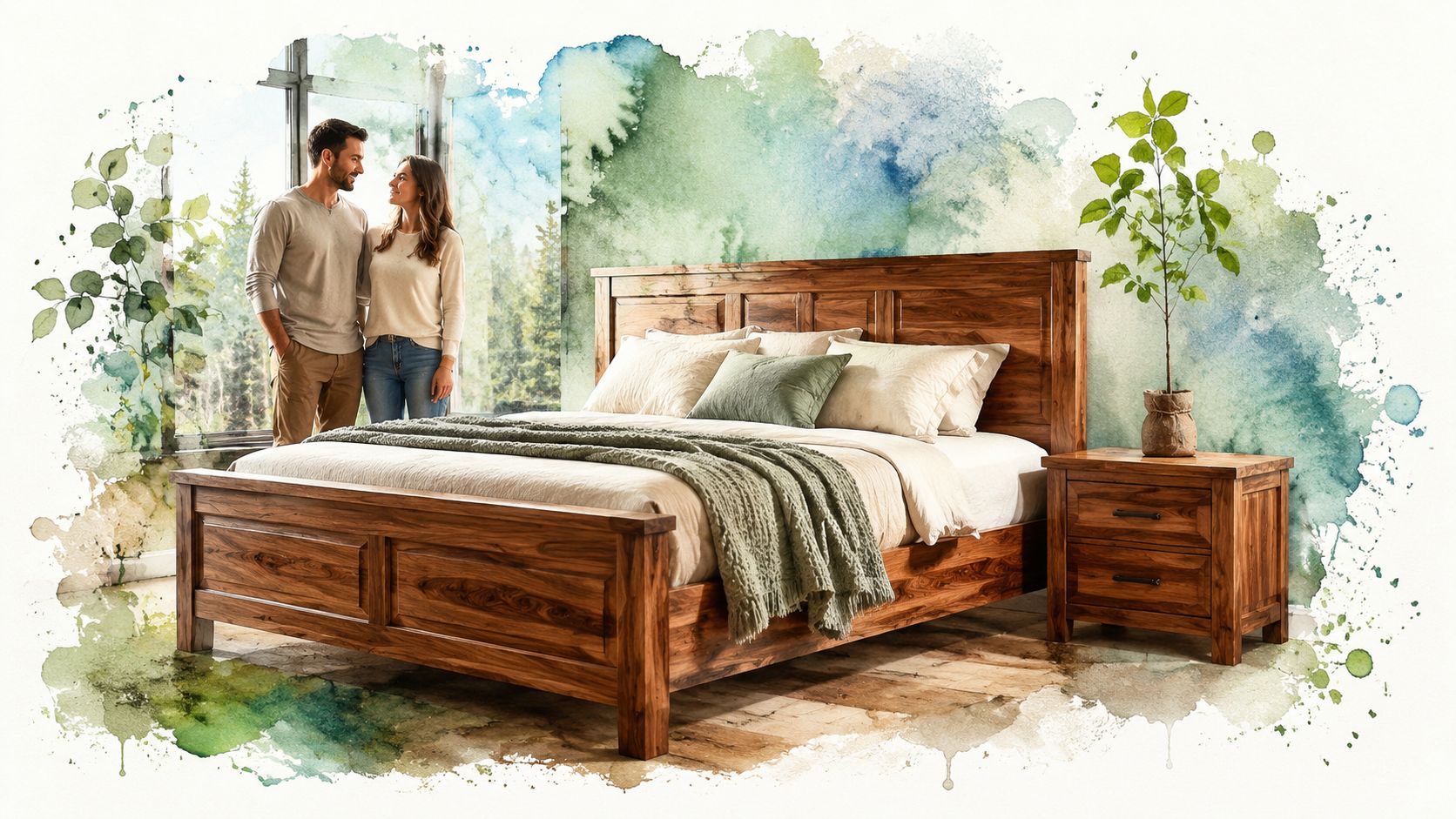 A happy couple standing in a bedroom featuring a handcrafted wooden bed frame and matching nightstand.
