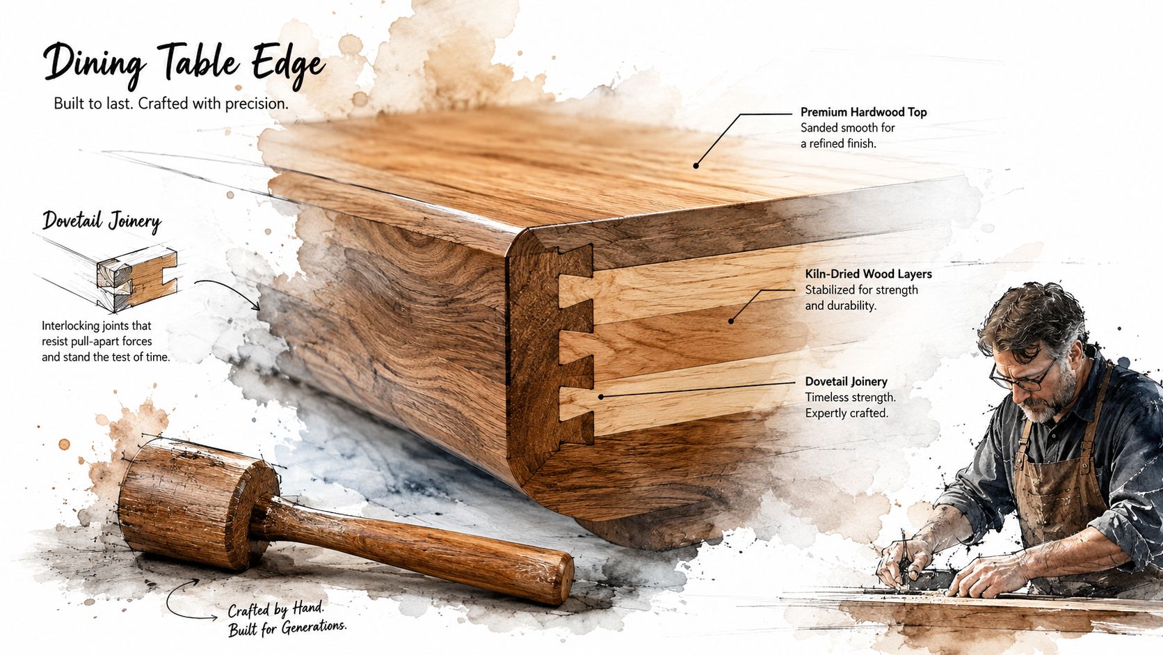 A close-up illustration of a handcrafted dining table edge showing precision dovetail joinery and wood layers.