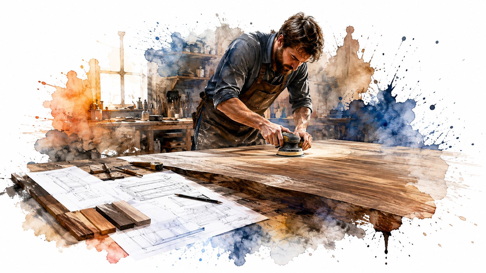 A skilled carpenter sanding a large wooden slab in his workshop with blueprints on the table.
