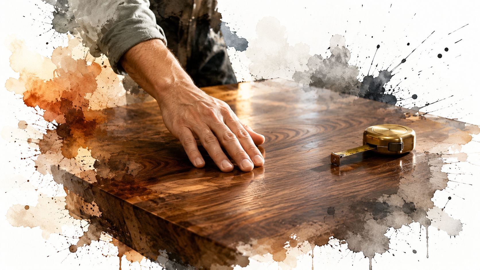 A craftsman touches a polished custom wood dining table surface with a tape measure resting nearby.