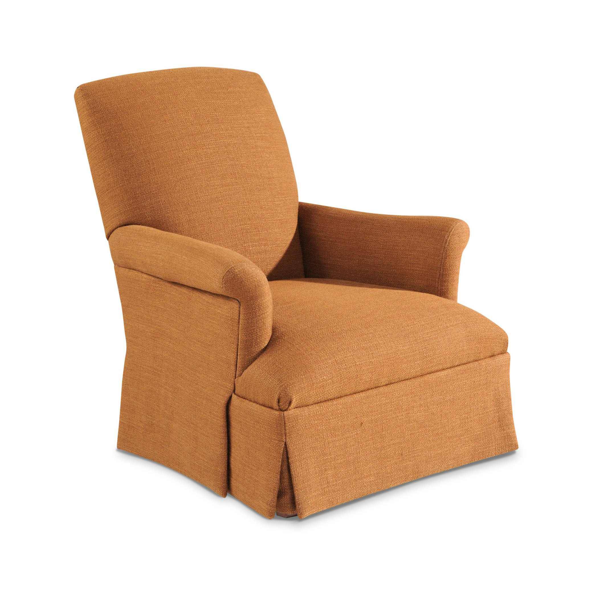 fireside chair Burnt orange upholstered armchair with rolled arms and skirted base.
