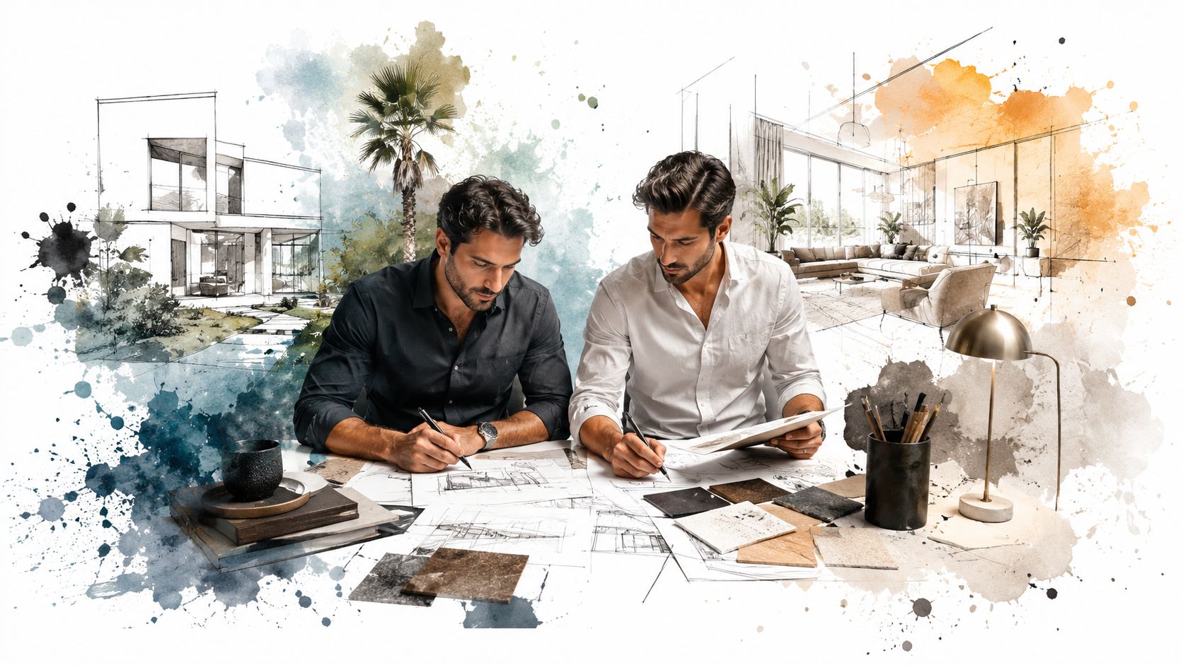 Two professional architects reviewing building designs and material samples at a modern workspace desk.