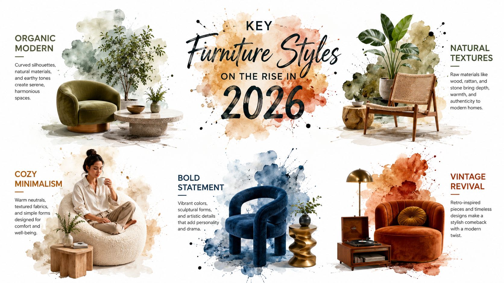 A visual guide showcasing five key furniture design trends for 2026 including organic modern and vintage revival styles.