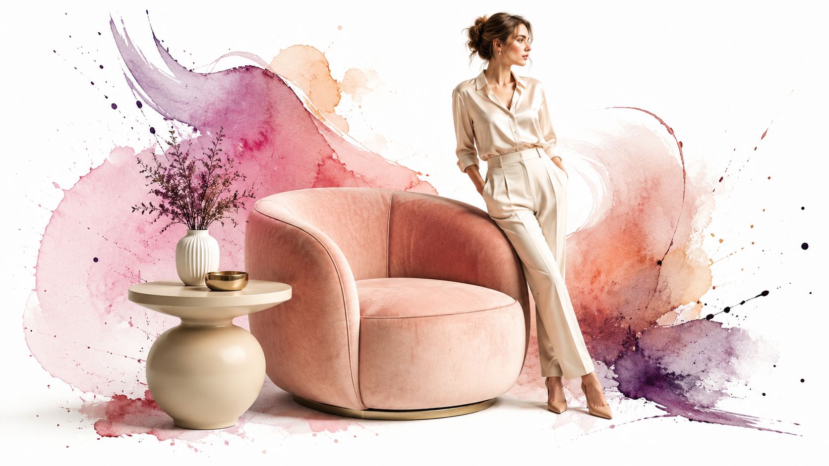 A stylish woman in cream-colored clothing leans against a modern pink velvet armchair with a side table.