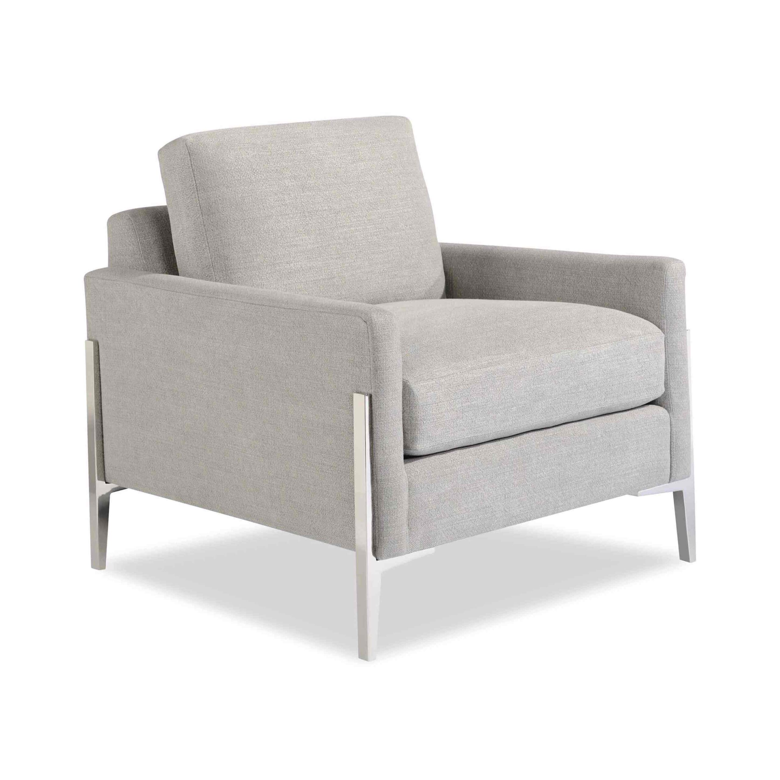 gemma chair nickel Light gray textured armchair with polished chrome metal legs.