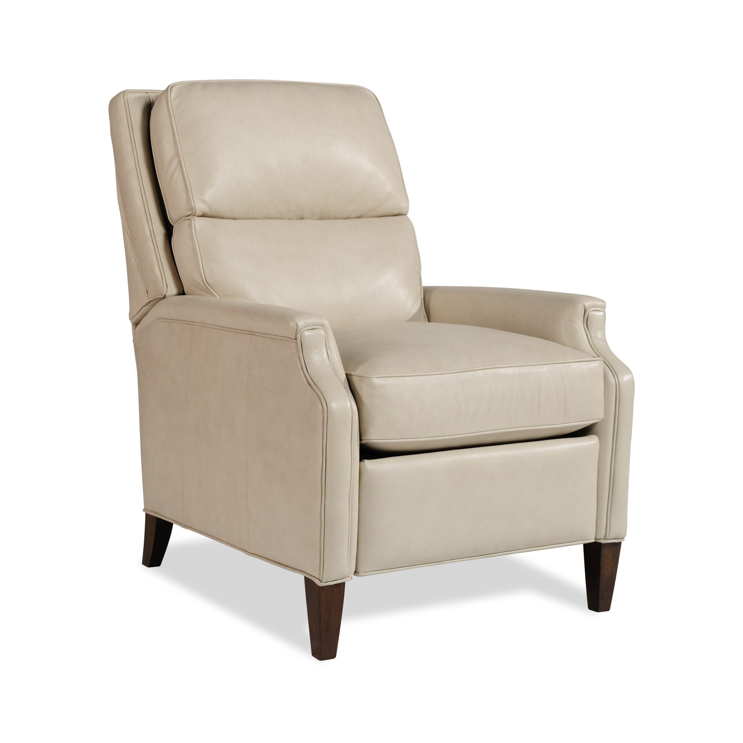 gosford leather reclining chair Cream leather recliner chair with dark wood legs.