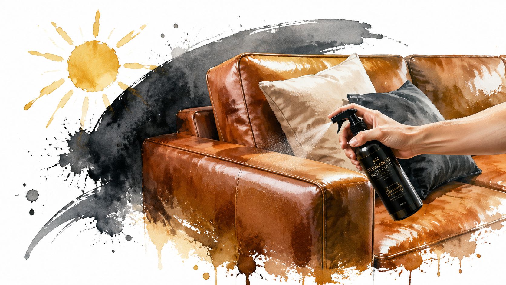 A hand spraying leather cleaner onto a brown leather sofa, surrounded by watercolor artistic design elements.