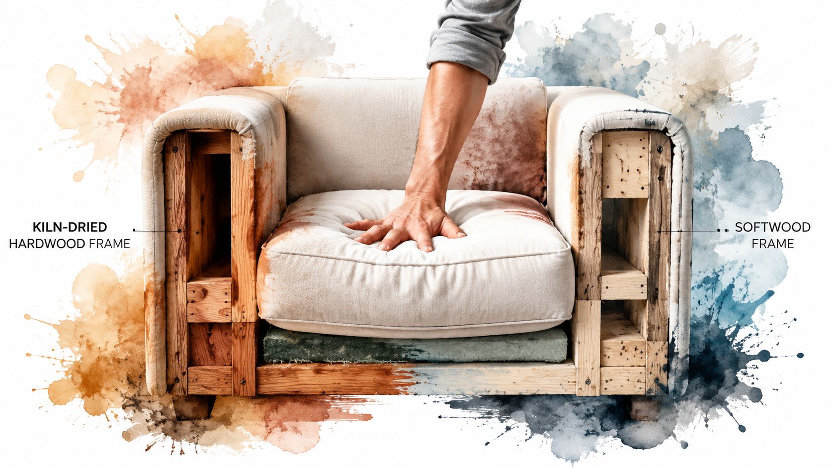 A cross-section of a sofa revealing a durable kiln-dried hardwood frame versus a softwood frame construction.