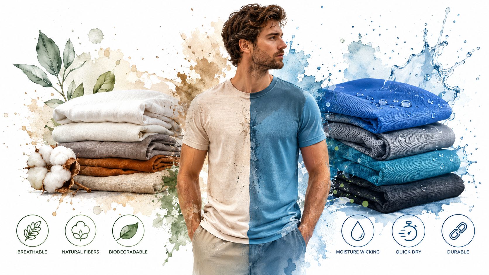 A split comparison between natural cotton fabric materials and synthetic performance textiles for upholstery and clothing.