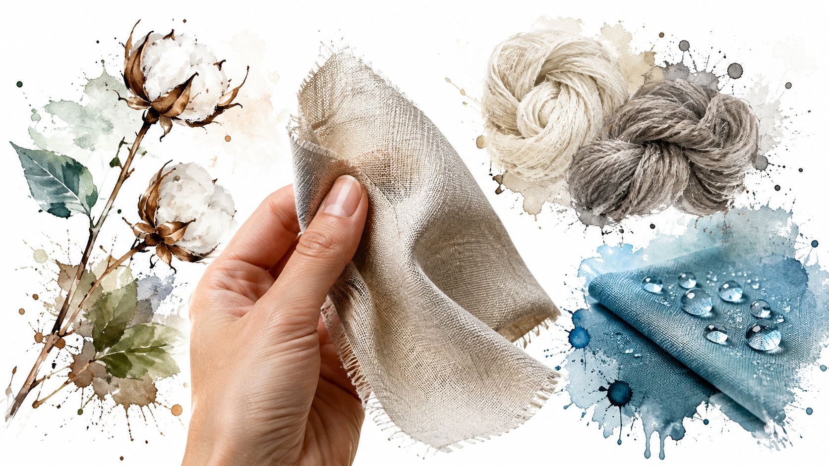 A collage showing raw cotton, a hand holding natural fabric, yarn balls, and water-resistant blue textile.