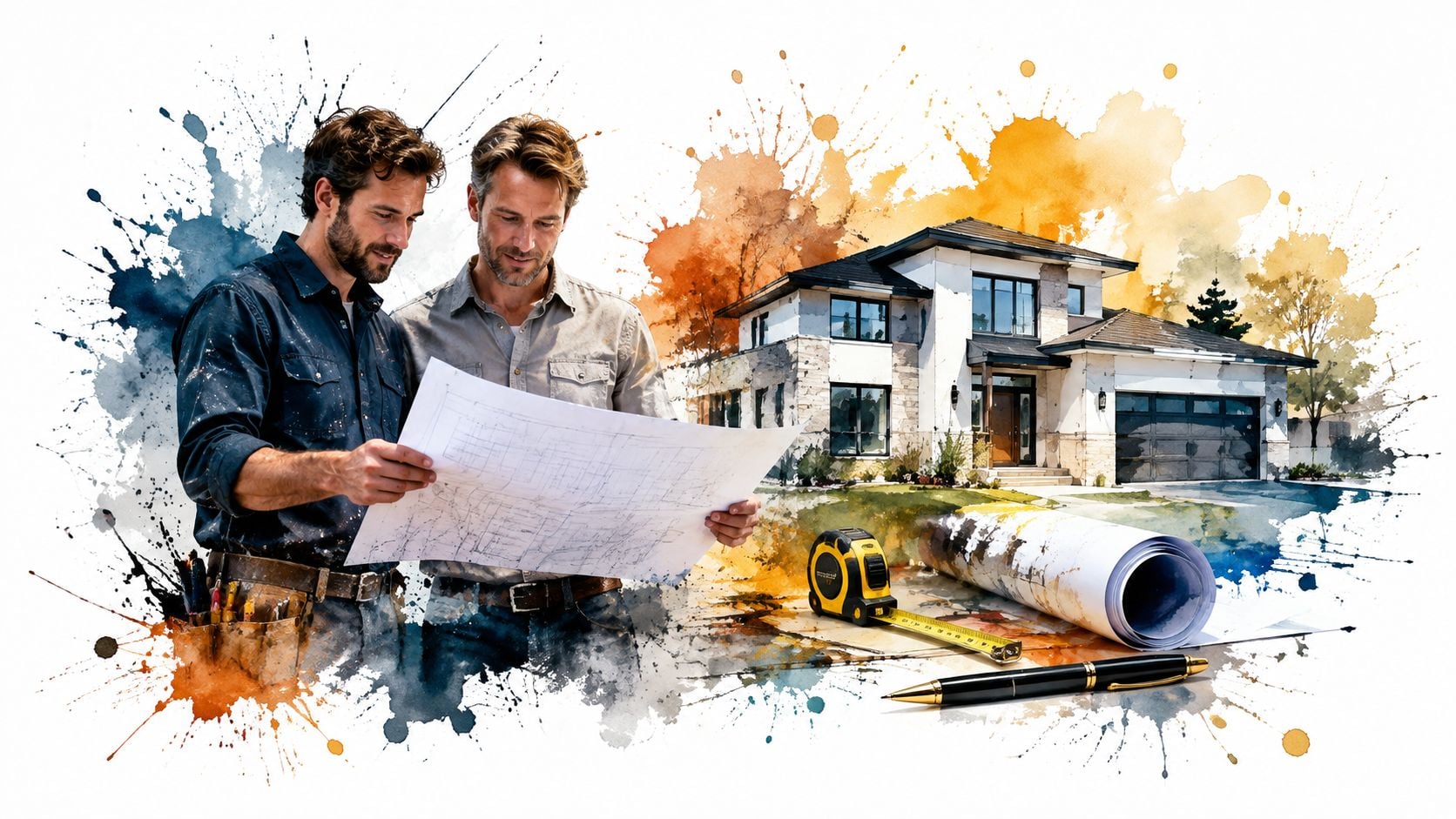 Two professionals looking at architectural blueprints for a modern house project with construction tools nearby.