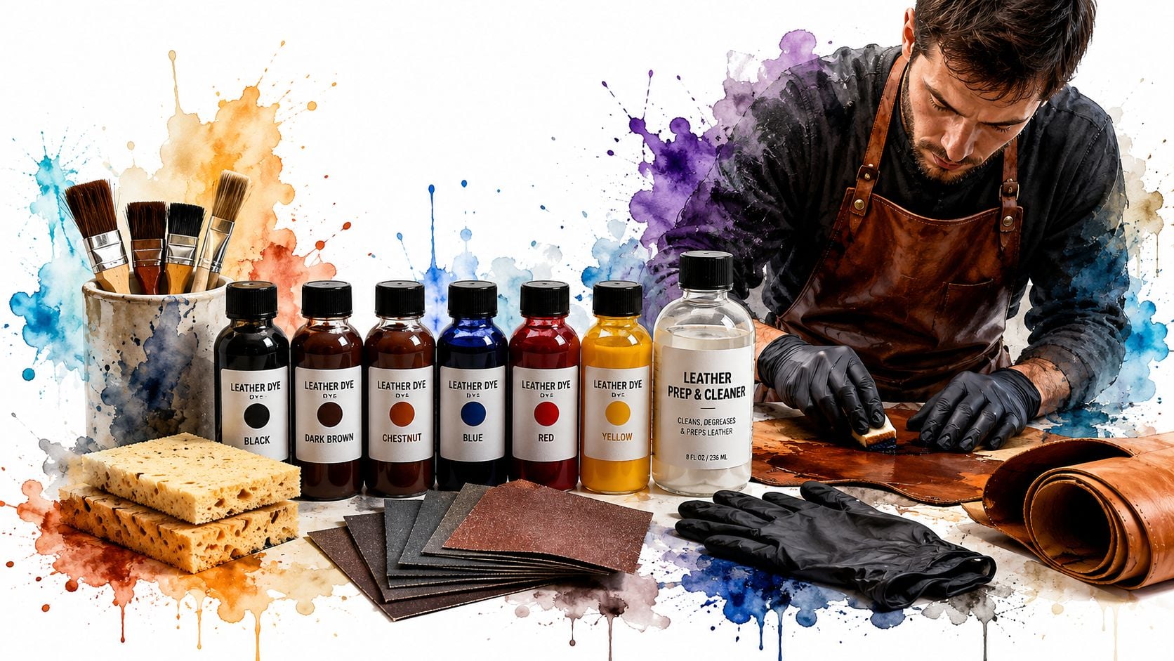 A craftsman working on leather with various bottles of dye, leather prep, and tools on a table.