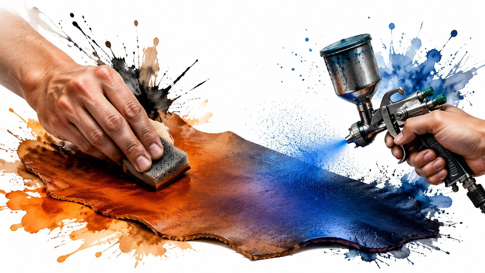 A craftsman applying leather dye using a sponge and a professional spray gun on leather material.