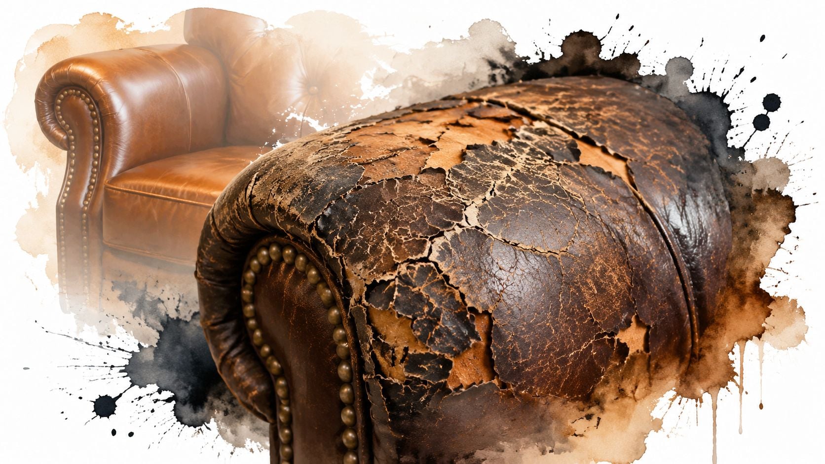 A split image showing a damaged, cracked brown leather sofa contrasted with a smooth, restored leather chair.