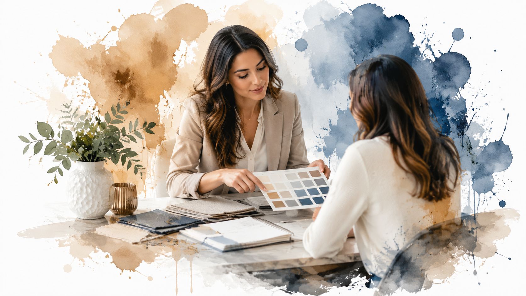 An interior designer holding a color swatch palette while consulting with a client at a design studio.