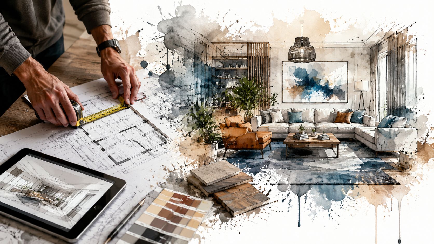 An interior designer working on floor plans and color palettes for a modern living room project.