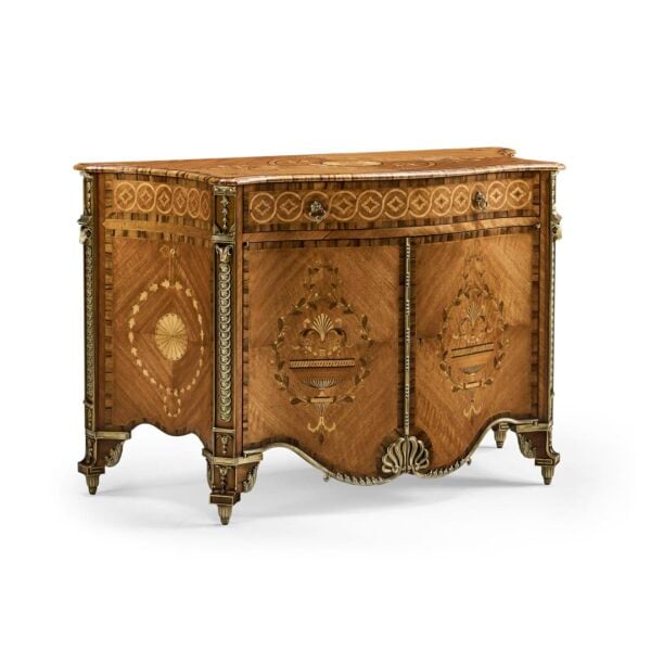 Antique wooden commode with intricate marquetry and gilt-bronze mounts.