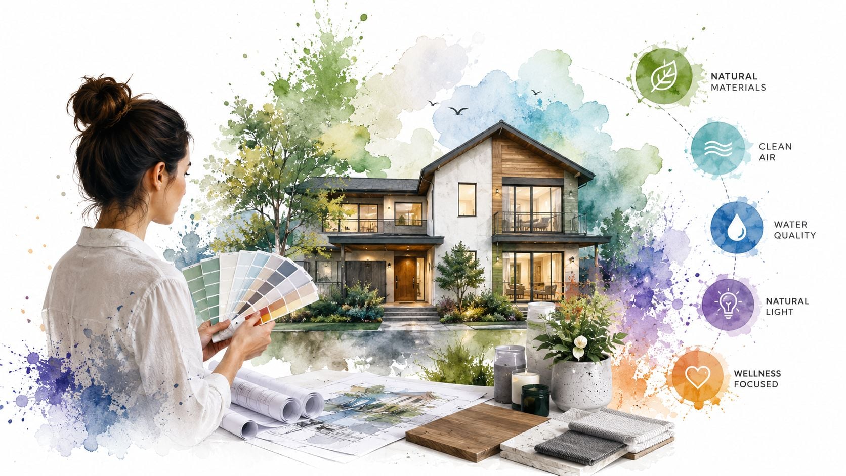 An interior designer reviewing paint swatches and blueprints in front of a watercolor illustration of a house.