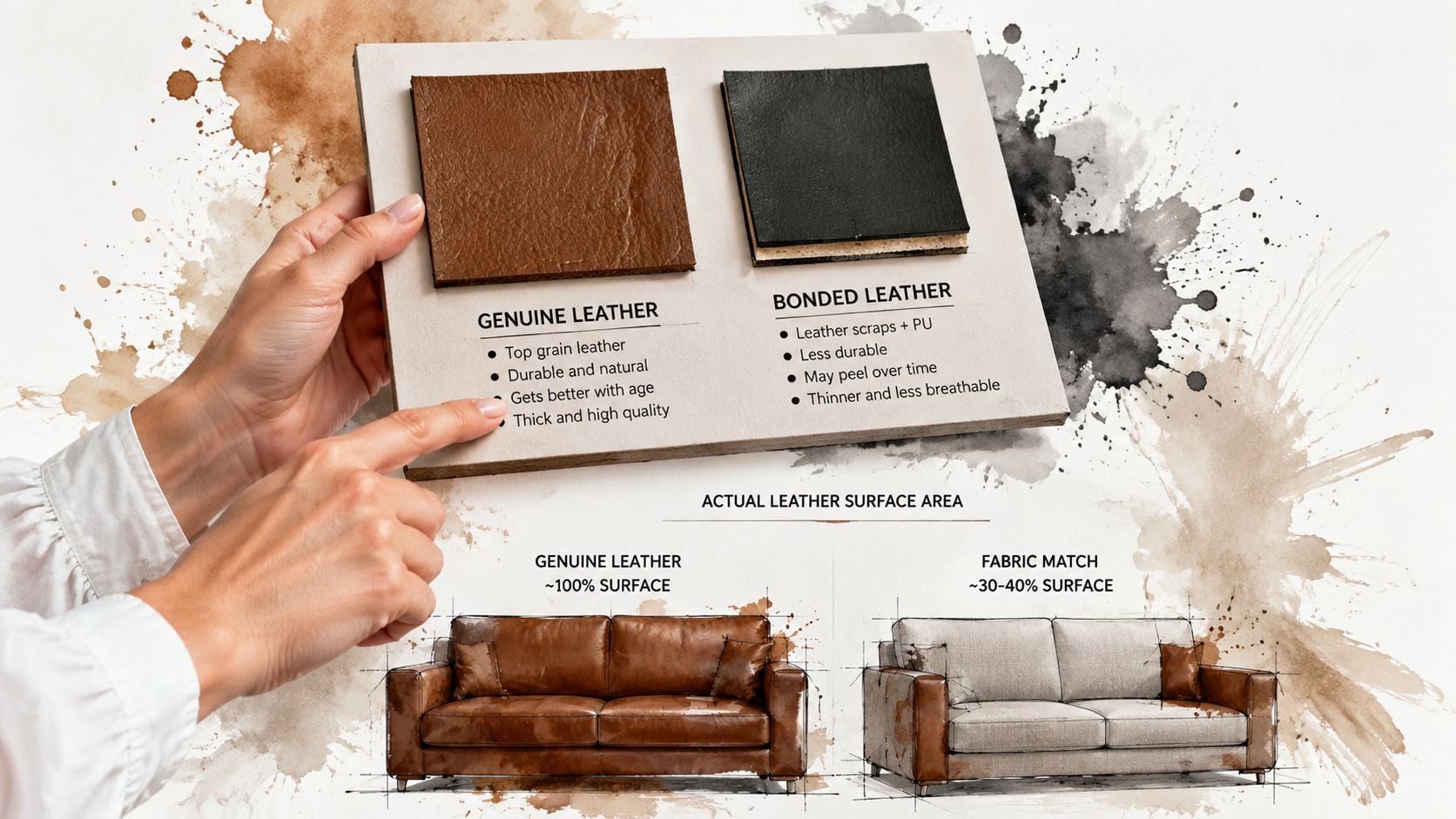 A hand points to a sample board comparing the differences between genuine leather and bonded leather materials.