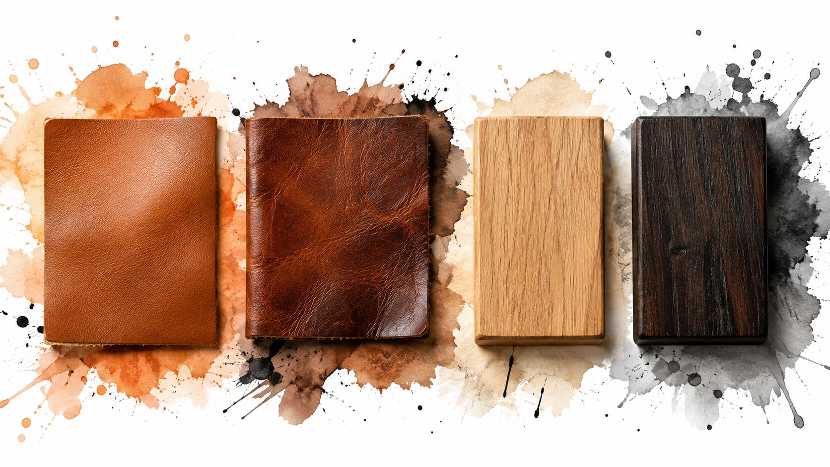 Four rectangular samples of smooth leather and textured wood arranged against a artistic watercolor paint splash background.