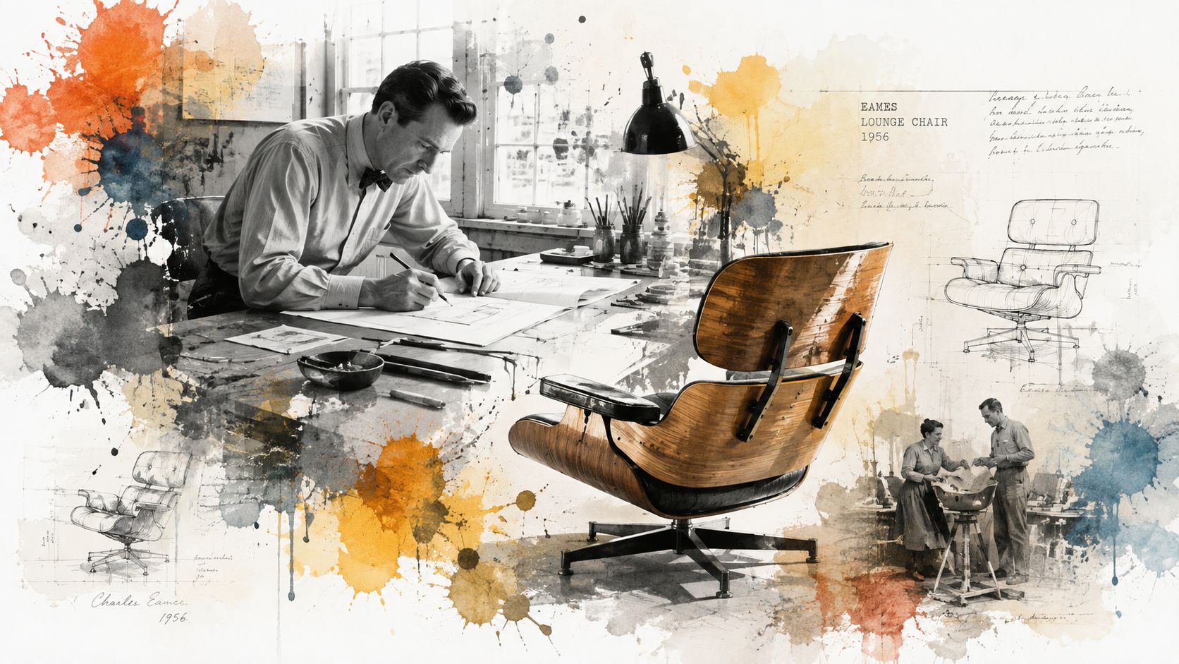 Charles Eames working on design sketches with the iconic mid-century modern lounge chair displayed in the foreground.