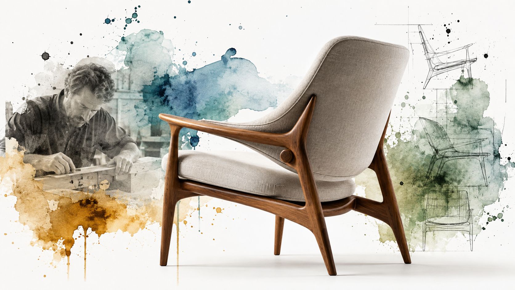 A craftsman working on wood next to a mid-century modern armchair with design sketches in background.