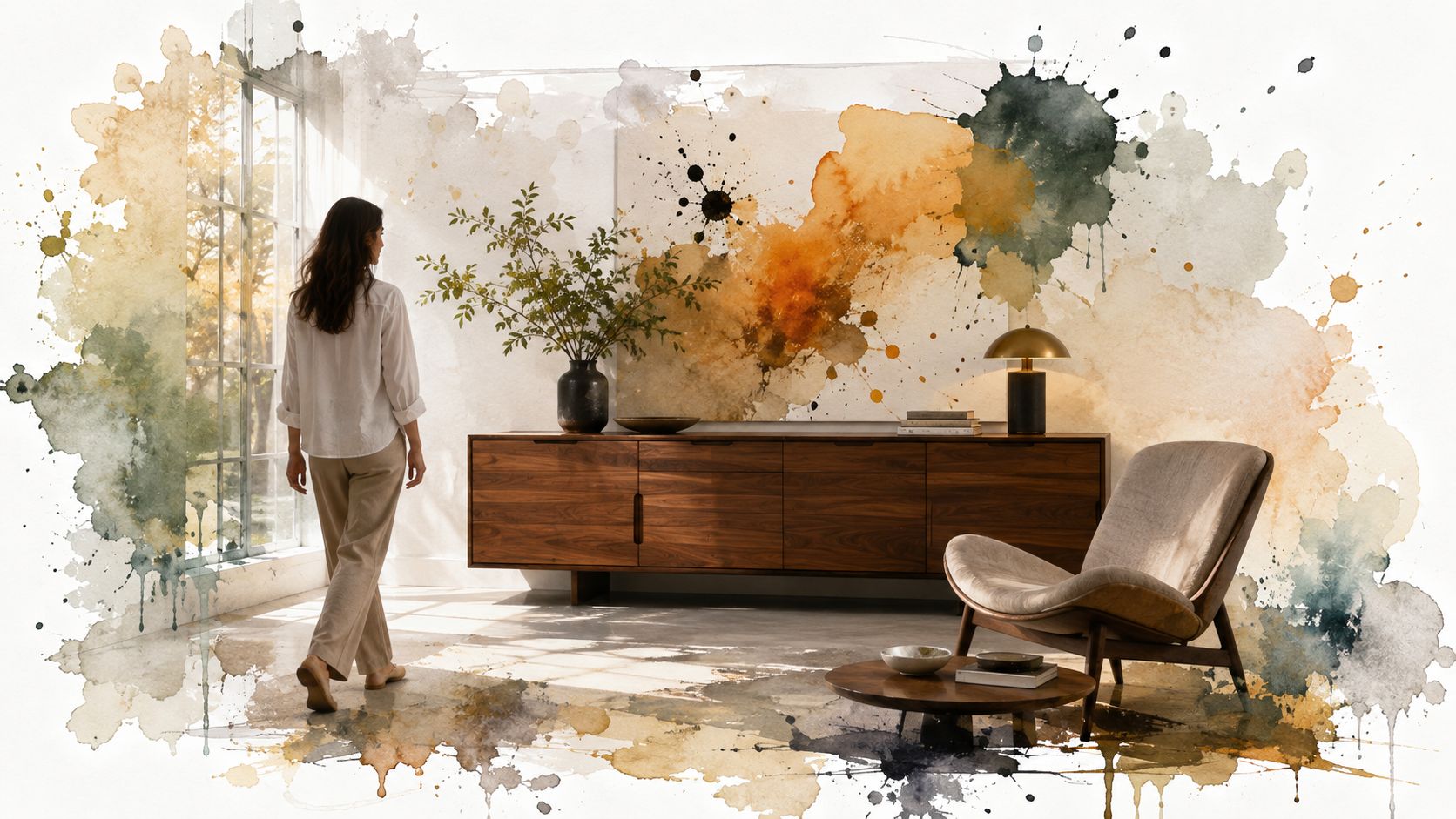 A woman walks through a sunlit room featuring mid-century modern furniture and artistic watercolor wall decor.