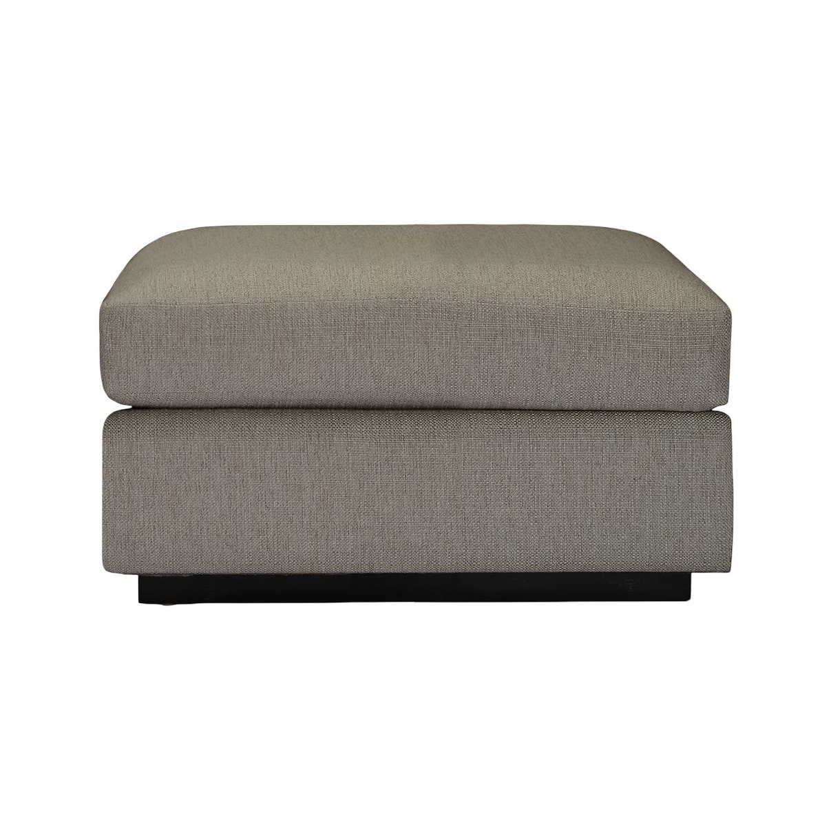 milo ottoman Minimalist grey textured fabric rectangular ottoman on a dark base.
