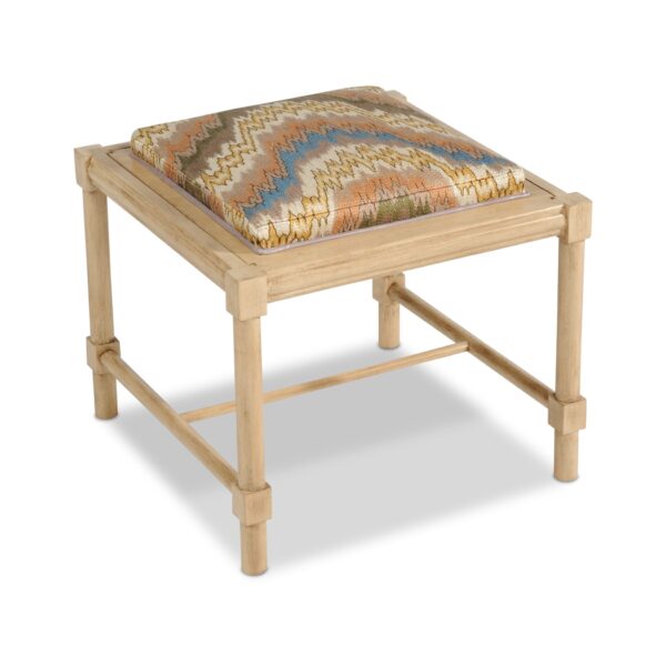 Bamboo-style stool with vibrant ikat upholstered seat.