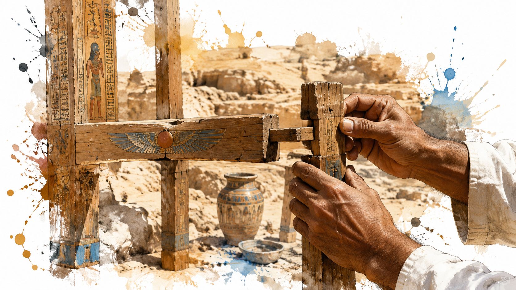 A close-up view of hands assembling ancient wooden artifacts with Egyptian hieroglyphics in a desert setting.
