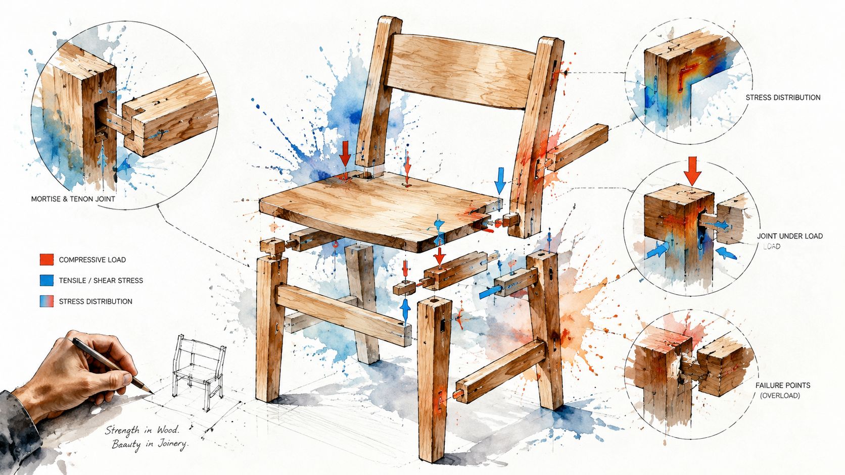 A detailed watercolor technical drawing illustrating mortise and tenon joinery stress points and load distribution in a chair.