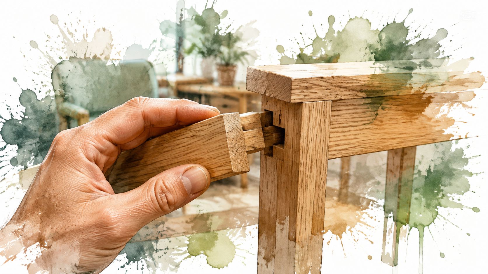 A close-up view of a person assembling wooden furniture using a traditional mortise and tenon joint.