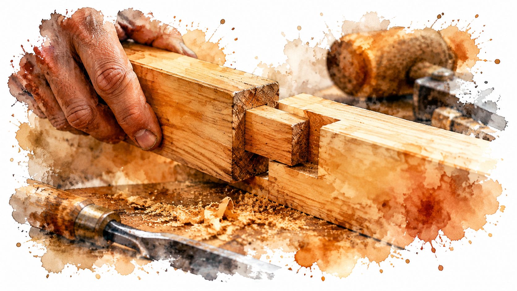 A craftsman hand-fitting a traditional wooden mortise and tenon joint with a chisel and mallet nearby.