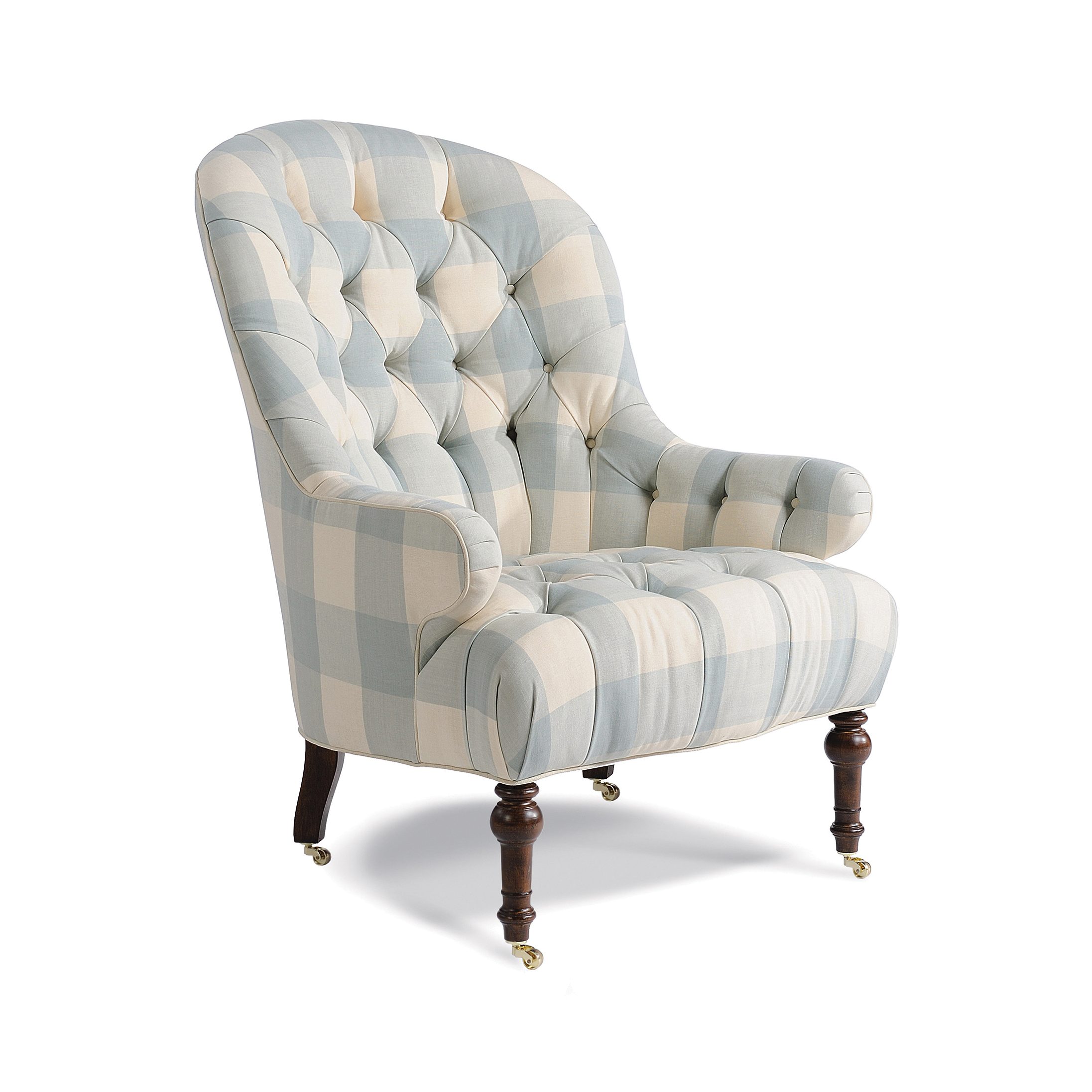 newbury chair Blue and cream buffalo check button-tufted armchair with casters.