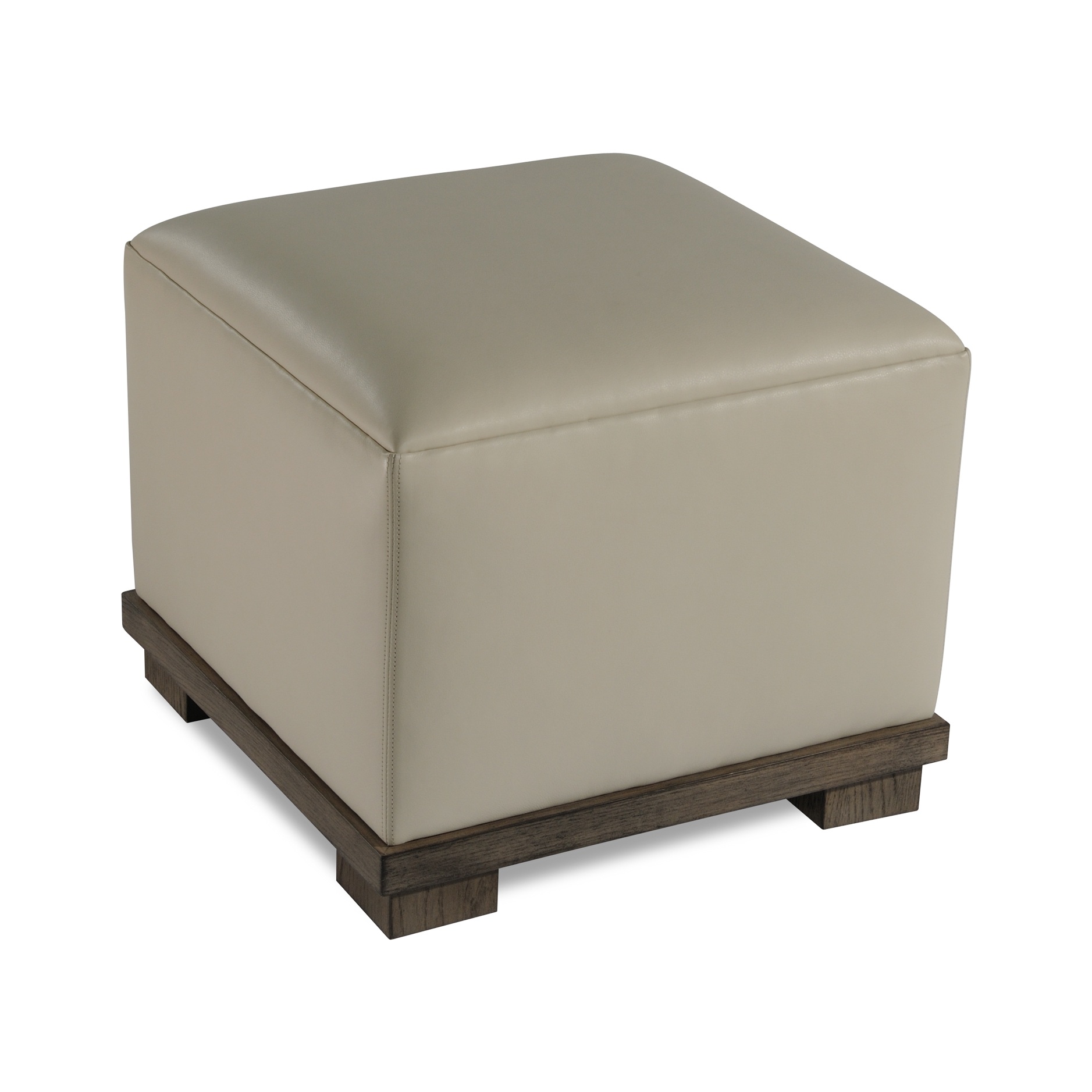noah leather ottoman Modern taupe leather cube ottoman with a dark wood base.