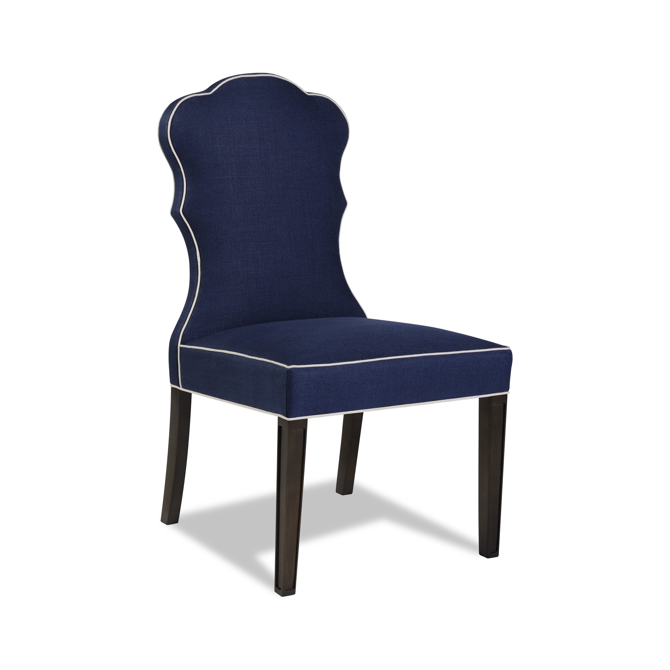 normandy dining chair Navy blue upholstered dining chair with white piping trim.