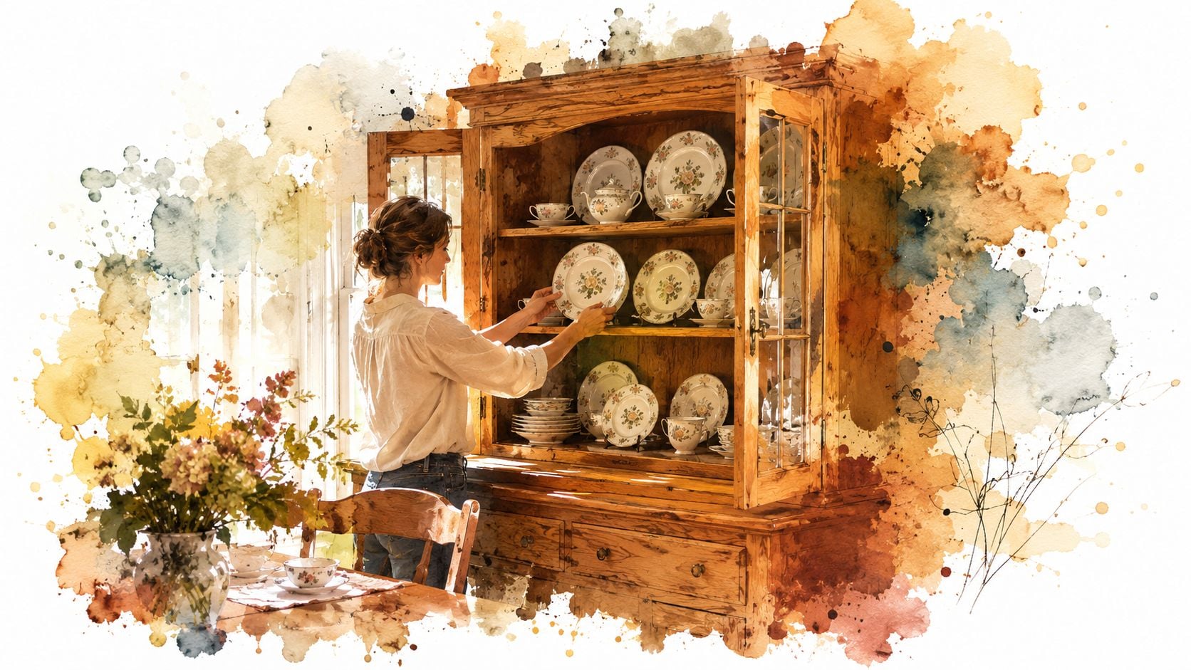 A woman carefully arranging delicate vintage floral patterned plates inside a large wooden oak china cabinet.
