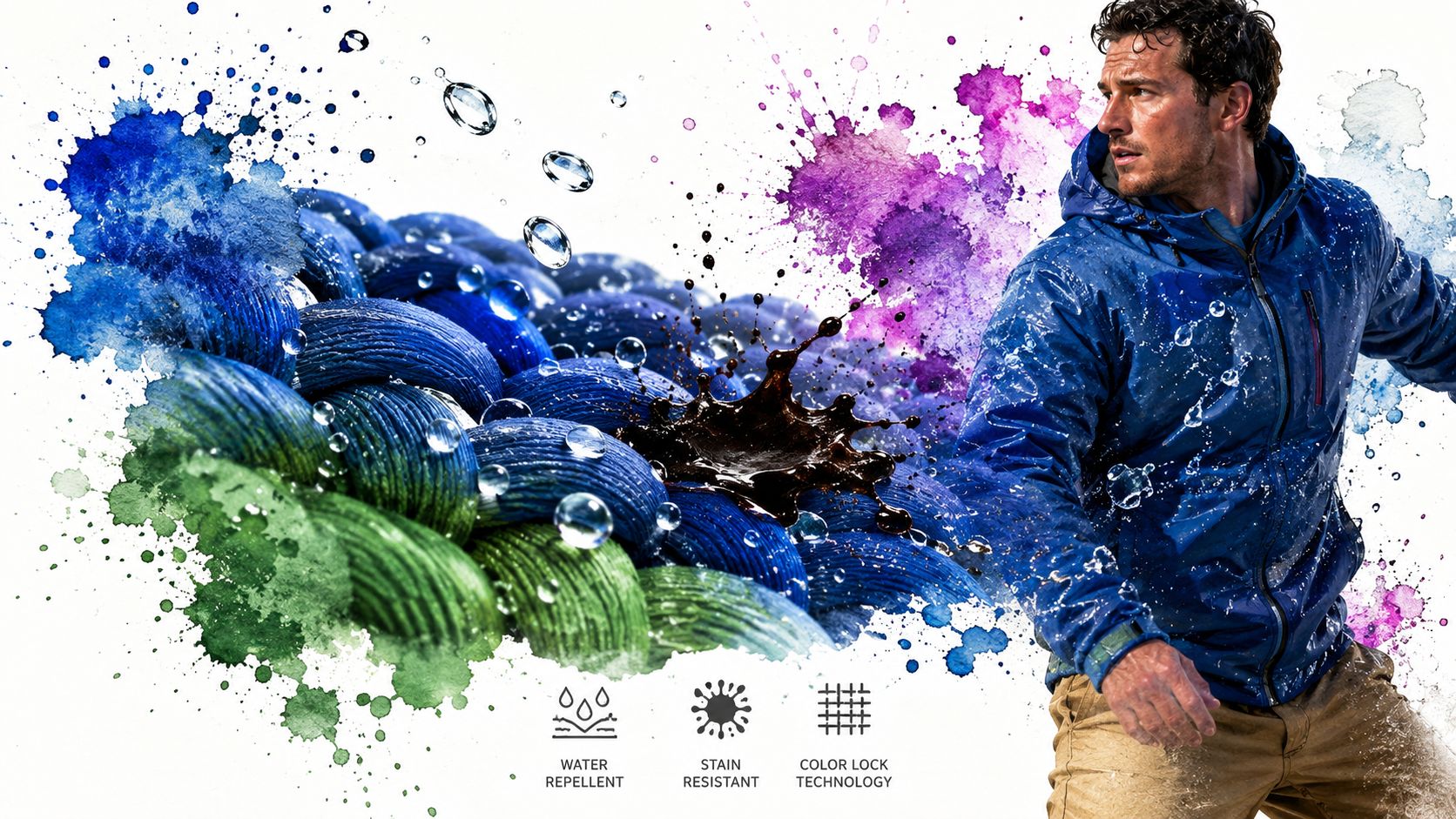 A man wearing a blue performance jacket with water repellent, stain resistant, and color lock technology fabric features.