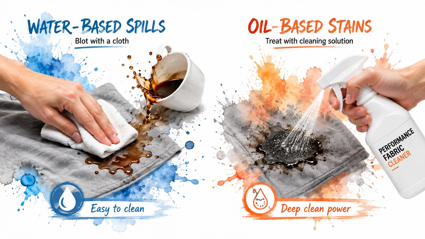 A split comparison showing how to clean water-based spills by blotting and oil-based stains using fabric cleaner.