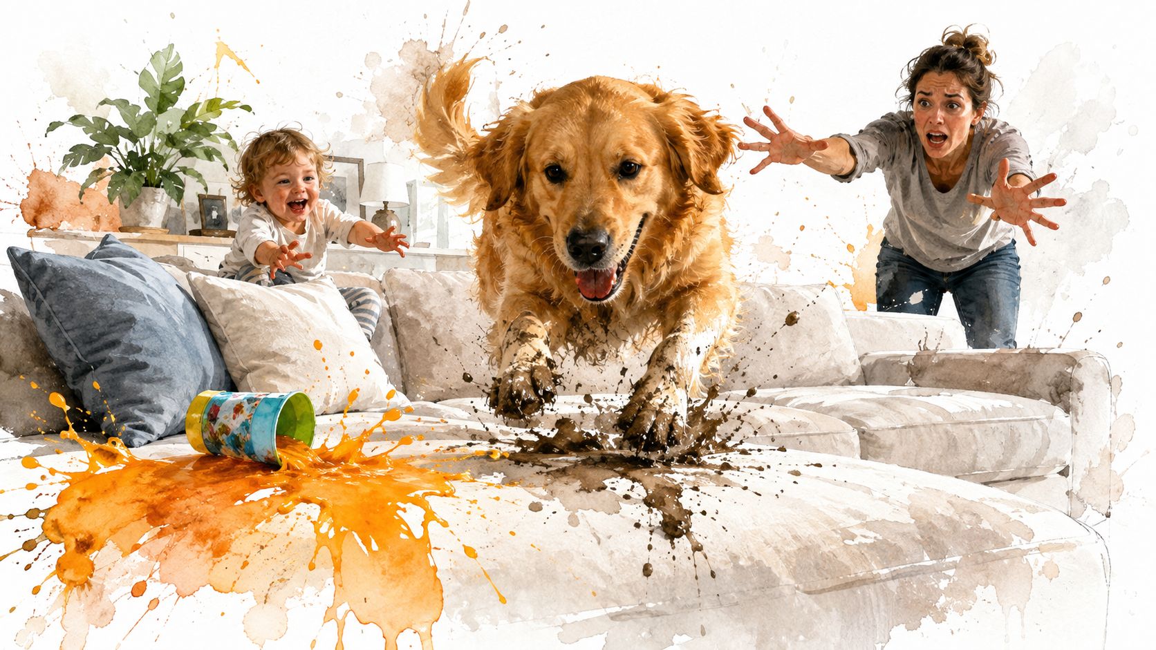 A messy scene with a muddy dog, a toddler, and a spilled drink on light-colored sofa cushions.