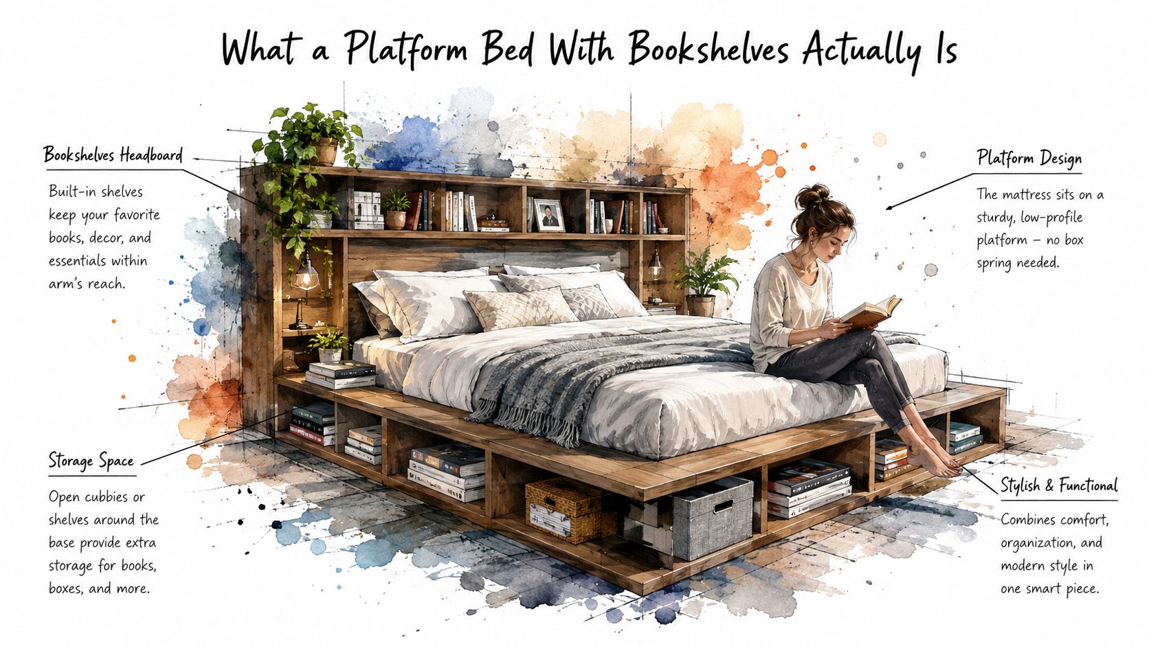 A modern platform bed with built-in bookshelves and under-bed storage, featuring a woman reading on the bed.
