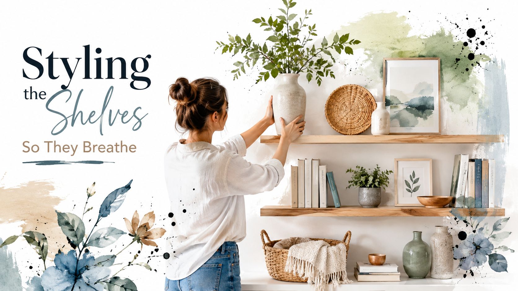 A woman decorating wooden shelves with vases, plants, books, and artwork in a bright home interior.