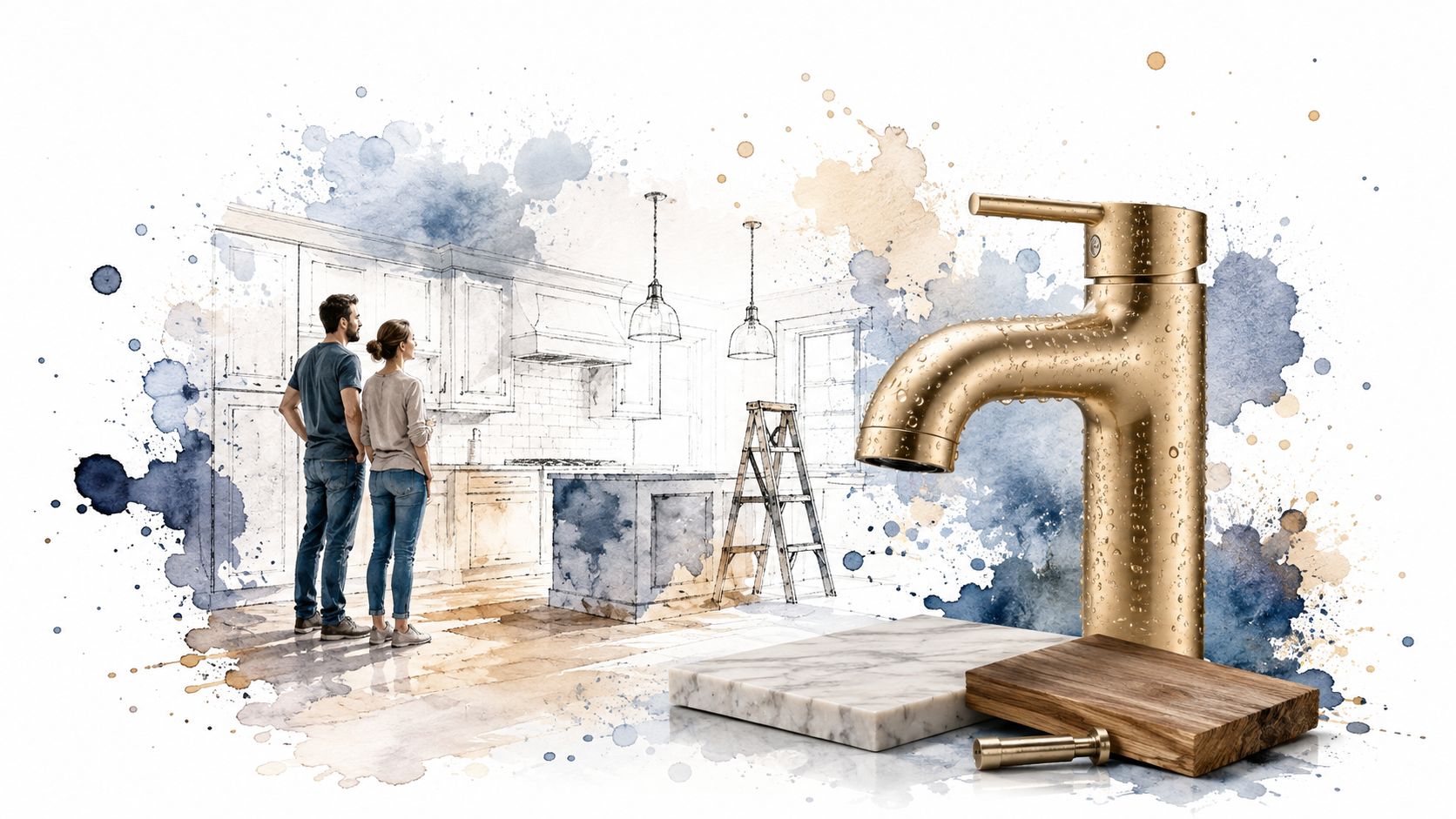A couple looks at a sketch of a kitchen renovation with a faucet and material samples displayed.
