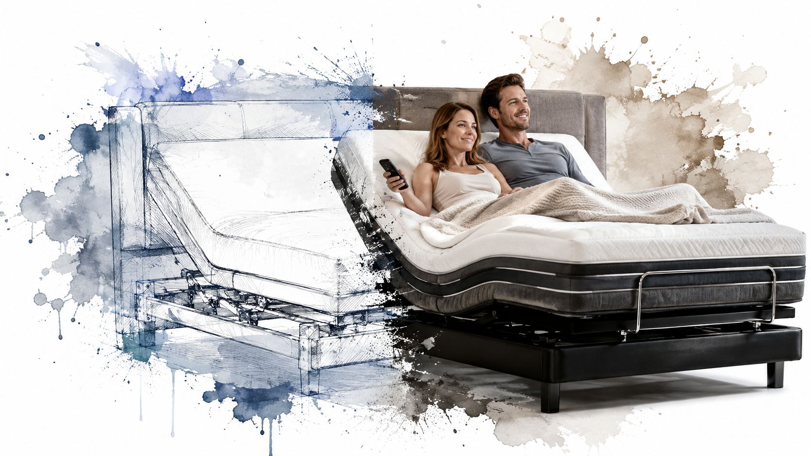 A couple relaxing on a modern premium adjustable bed with a conceptual sketch blending into reality.