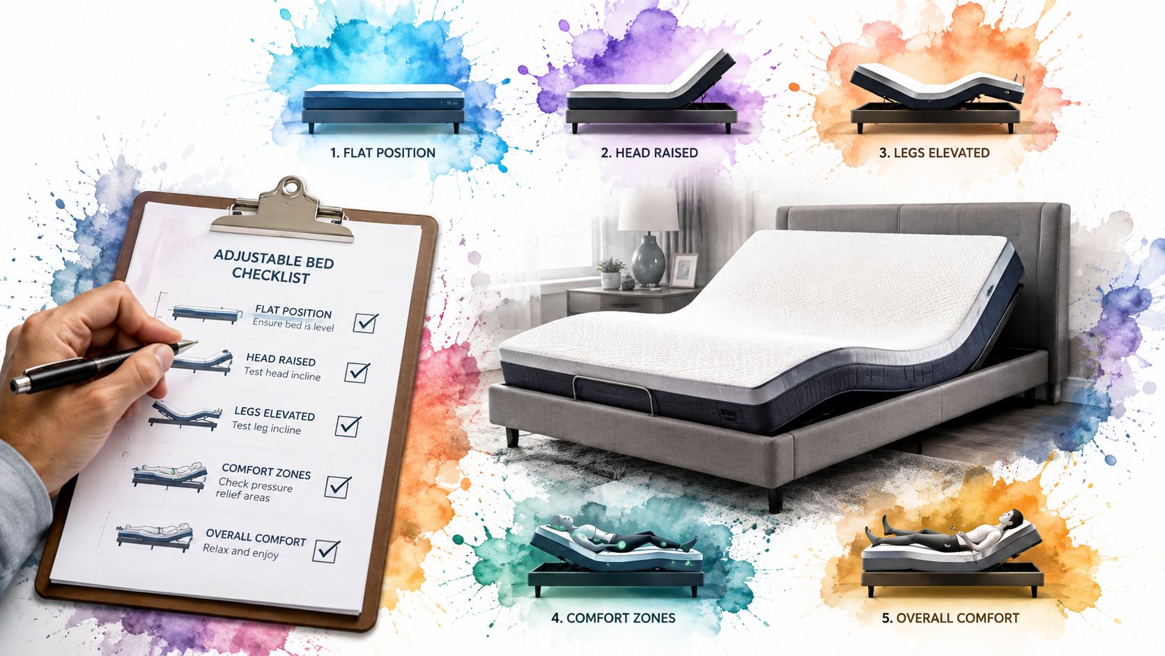 A hand filling out an adjustable bed checklist beside images showing five different positions of an adjustable bed.