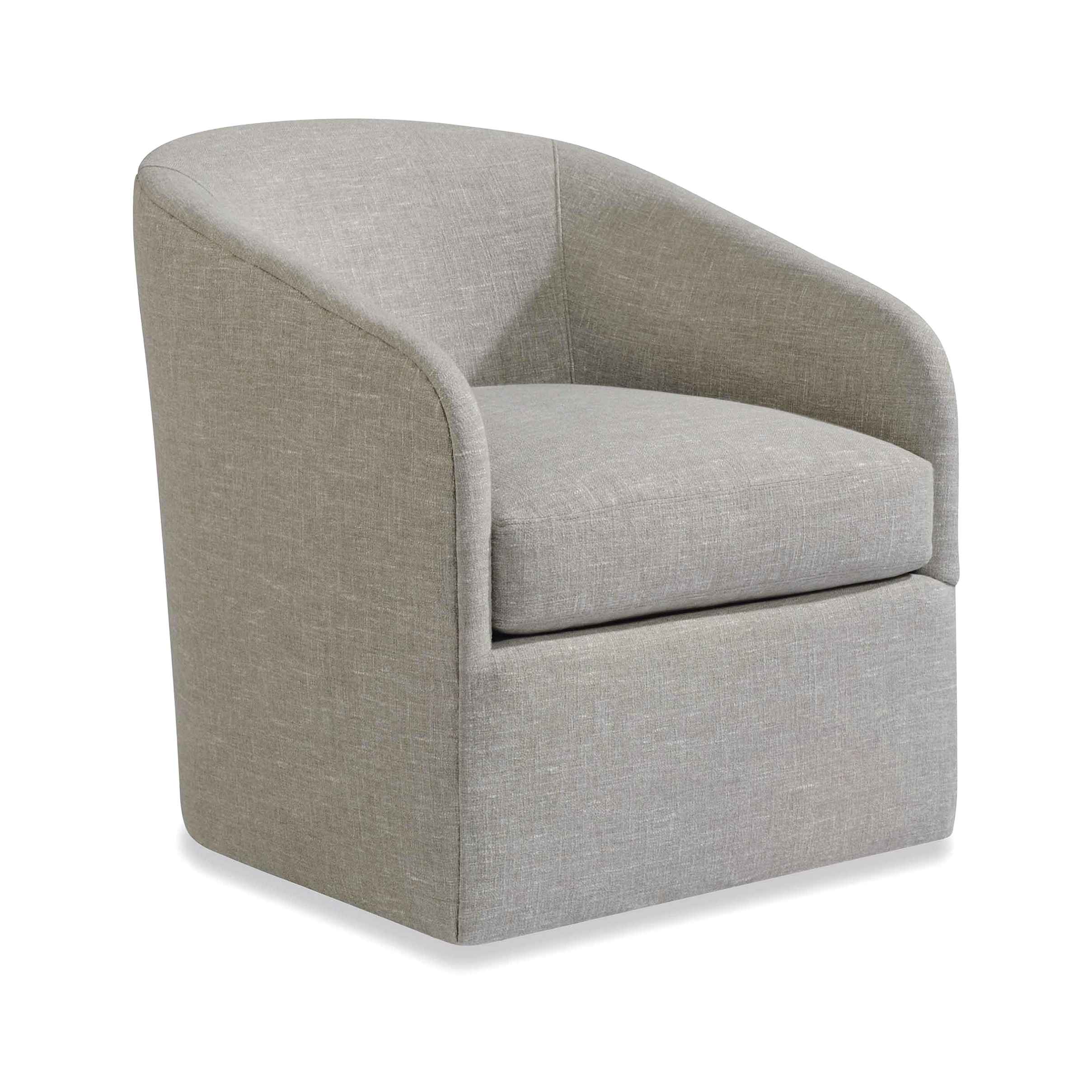 randy swivel chair Modern grey barrel chair with textured fabric upholstery.
