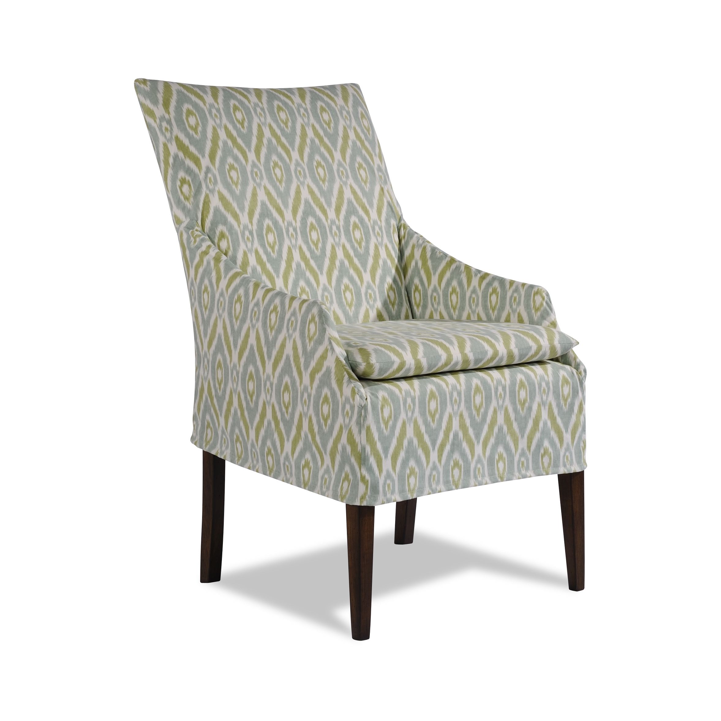 renaday mini slipcovered chair Green and white ikat patterned armchair with dark wood legs.